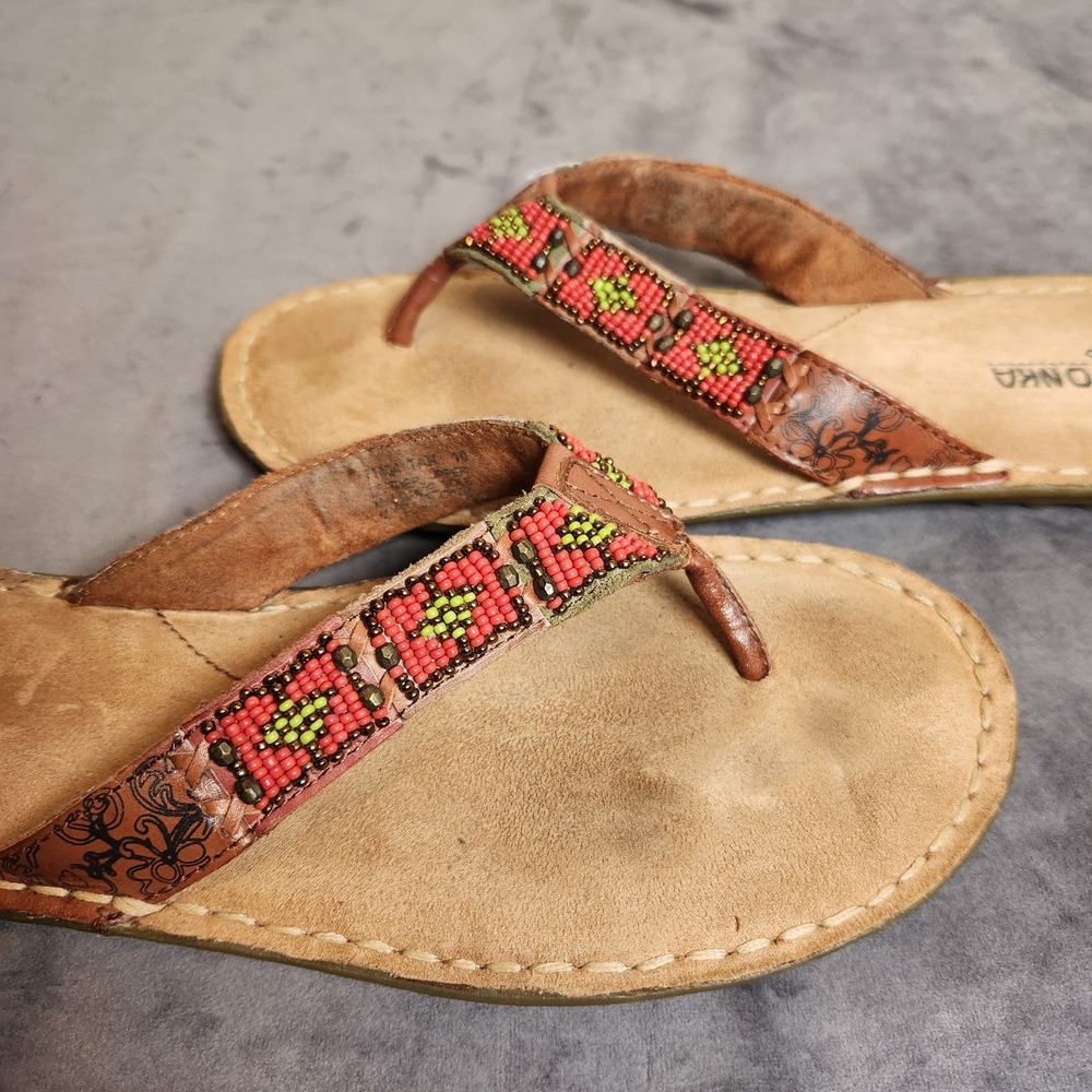 Minnetonka Ibiza Beaded Aztec Boho Orange Sandals Womens 10 Suede Leather Thong